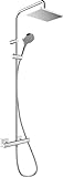 hansgrohe Vernis Shape - sistema de ducha con termostato, ducha lluvia (230 x 170 mm) con grifo, ducha de mano (2 tipos de chorro), flexo, barra, ducha fija rectangular (1 tipo de chorro), cromo