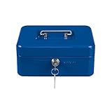 Amig - Caja de caudales | Caja de seguridad para dinero, billetes y monedas | Con bandeja portamonedas y 2 llaves | Color Azul | Acero | 150 x 110 x 70 mm