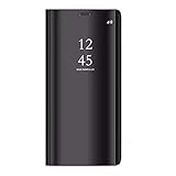 Caler ® Funda Compatible/Reemplazo para Samsung Galaxy S6 Funda,Flip Tapa Libro Carcasa Modelo Fecha Espejo Brillante tirón del Duro Case Espejo Soporte Plegable Reflectante (Negro)