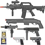 BBTac Paquete de pistola Airsoft - Dark Ops - Colección de pistolas Airsoft - Potente rifle de resorte, escopeta, dos SMG, mini pistolas y pellets BB, ideal para juegos de principiantes