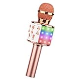 ShinePick Micrófono Karaoke Bluetooth, 4 en1, Inalámbrico, Portátil con Luces LED para Niños Canta Partido Musica, Compatible con Android/iOS PC, AUX o Teléfono Inteligente (Oro rosa)