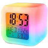 Zamnes Despertador Digital Portátil 7 Colores LED para Mesita de Noche | Reloj Digital Sobremesa con Alarma y Termómetro