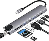 USX MOUNT Hub USB C, 8 En 1 Adaptador USB C Hub a 4K HDMI, Gigabit Ethernet RJ45, Lector Tarjeta SD TF, USB 3.0/2.0 Hub, 100W PD Carga Compatible con Macbook Pro Air M1 M2 2023, Steam Deck Windows