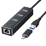 HUB USB 3.0, Aluminio Hub Adaptador 10/100/1000 Mbps Gigabit Ethernet, 3 USB 3.0 Puertos con Tarjeta Red LAN RJ45 y Adaptador para Mac, Chromebook, Windows 10/8/7/XP, Linux