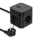 JSVER Cube Regleta Enchufe con USB de 3 Tomas con 3 USB Puertos Alargadera Electrica(3680W 16A) para el hogar, la Oficina y los ViajesCable 1,5 m Negro