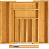 JOYBOY Caja de cubiertos de bambú,Organizador de Cubiertos de Madera+1 cepillo de limpieza,Bandeja para cubiertos con 7 a 9 Compartimentos,Cubertero Ajustable 32-52 * 41 * 5cm