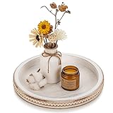 Hanobe Bandeja decorativa de madera redonda: bandeja de cuentas blancas lavada para mesa de café, bandeja de centro de mesa vintage para sala de estar, hogar y baño organizador