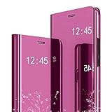 Caler Case Compatible con Samsung Galaxy S7 Edge Funda Cuero PU Espejo Brillante Clear View Modelo Fecha Duro Cover Flip Tapa Libro Soporte Plegable Ventana de Espejo Transparente Carcasa(Rosa Rojo)