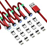 Cable de carga magnética de 540 ° 5 Papa (10/6.6/6.6/3.3/3.3ft) 3 en 1 Cable de cargador de teléfono magnético de rotación con luz LED compatible con Tipo C/Micro USB/DIPhone Cable de nylon rojo nylon