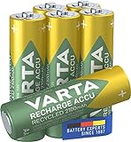 Varta Recharge Accu Recycled, Pilas de NiMh AA Micro recargable (paquete de 6 unidades, 2100 mAh) hechas con un 11% de materiales reciclados - Recargables sin efecto de memoria