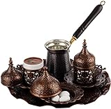 DEMMEX Juego completo de café árabe griego turco 2023 con tazas, platillos, tapas, bandeja de azucarero y cafetera de cobre, 12 piezas