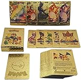 Nuevo 55 Cartas Pokem Doradas en Material PVC, Cartas en Ingles, Tarjetas Aleatoria Basic, V, Vmax, Gx,Vstar (Doradas)