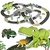 Dinosaurio Juguetes Pista de Carreras,281 Piezas Tren de Dinosaurios Juguetes para Niños de 3 4 5 6 años,Vías de Tren Flexibles con 4 Dinosaurios,2 Coches de Carreras Eléctricos con Luces
