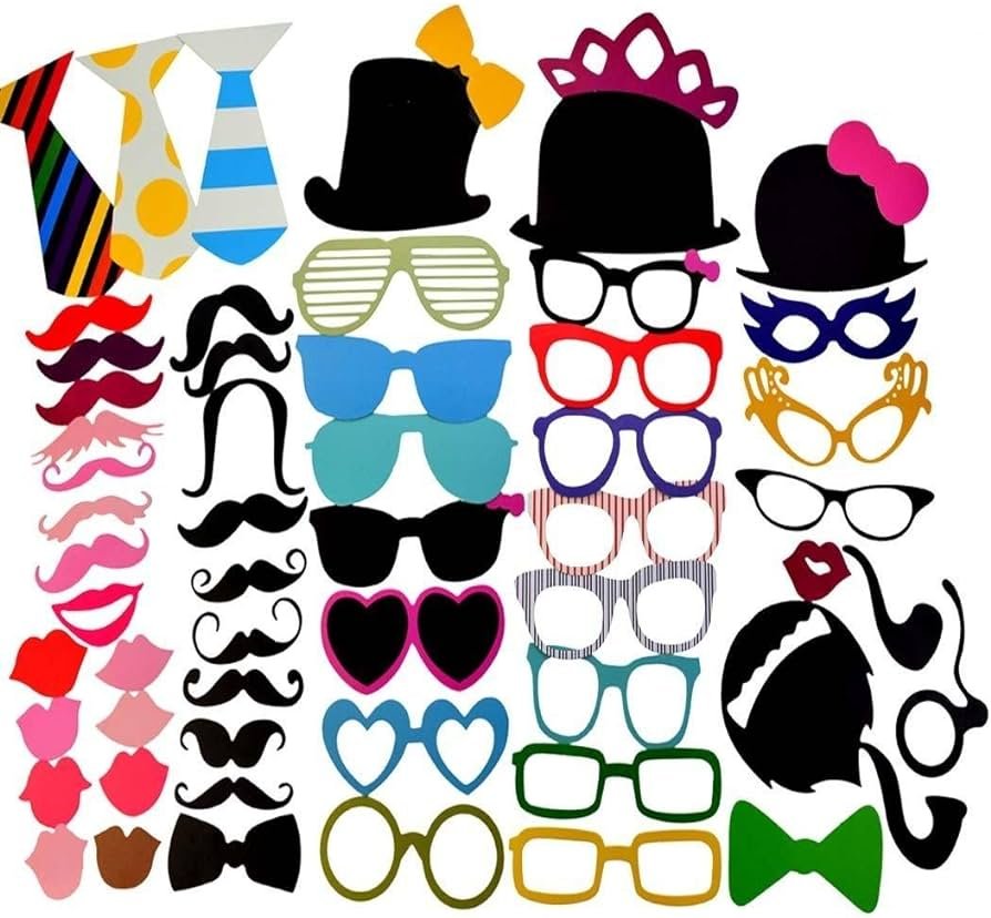 Paquete de 58 accesorios para Photocall con distintos diseños como pajaritas, bigotes, sombreros, ideales para fiestas, cumpleaños, bodas.