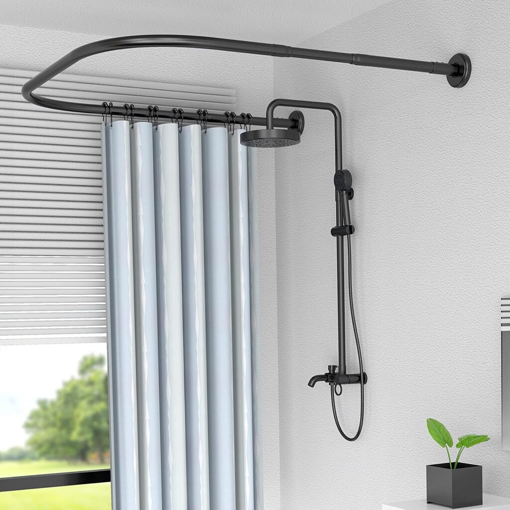 Raoot Barra de cortina de ducha en forma de U, media redonda/ovalada, barra de cortina de ducha curvada, barra de cortina de ducha negra para...