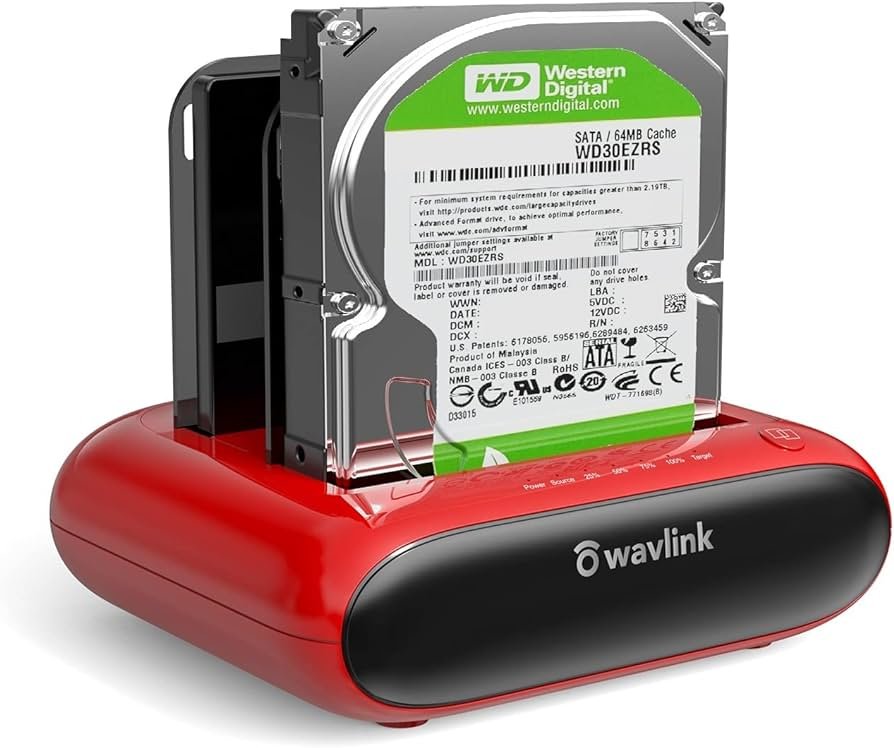 WAVLINK Base de disco duro USB 3.0 a SATA de doble bahía (32 TB), con función de clonación sin conexión para discos duros SSD SATA HDD de 2.5 y 3.5...