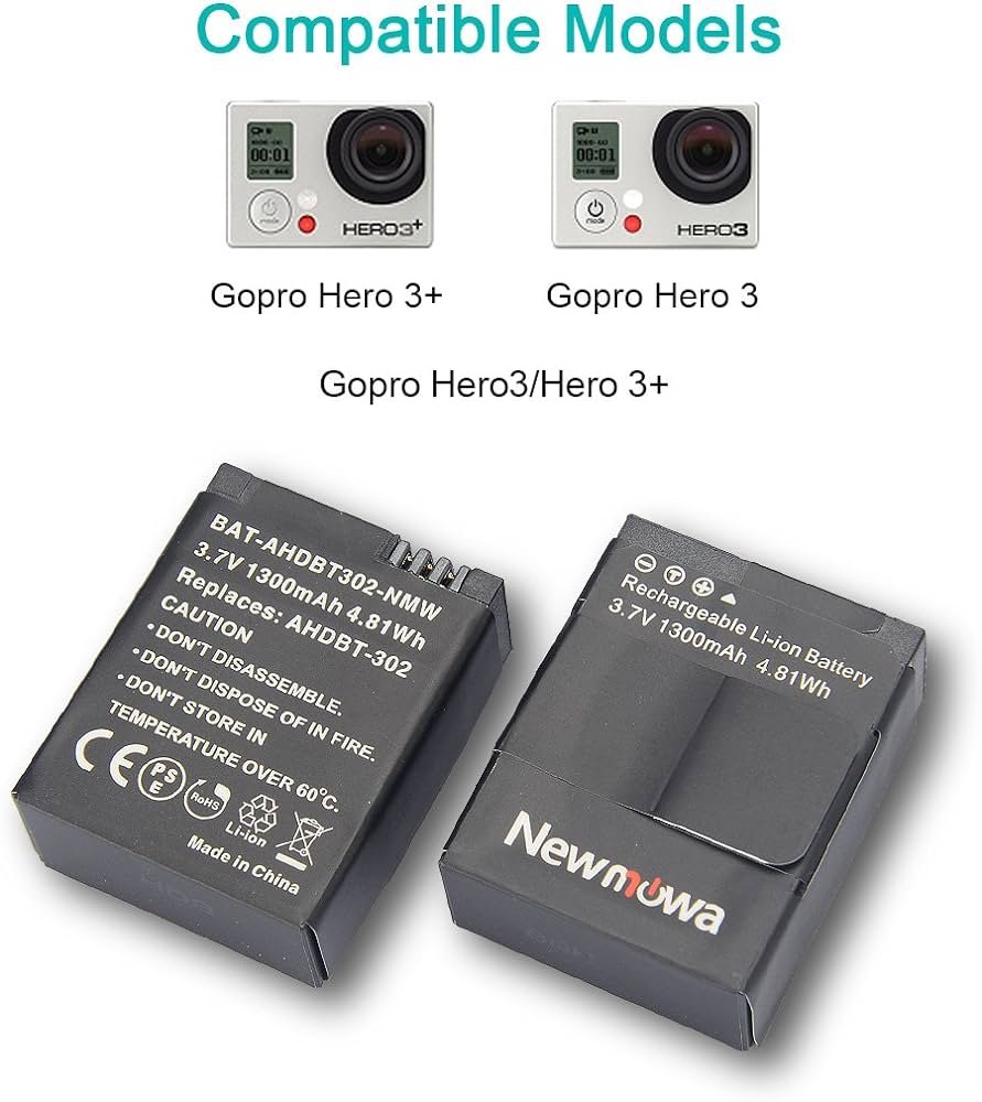 Newmowa Batería de repuesto AHDBT-302 de 1300 mAh (paquete de 2) y cargador rápido de 3 canales para GoPro Hero 3, GoPro Hero 3+, AHDBT-301, AHDBT-302