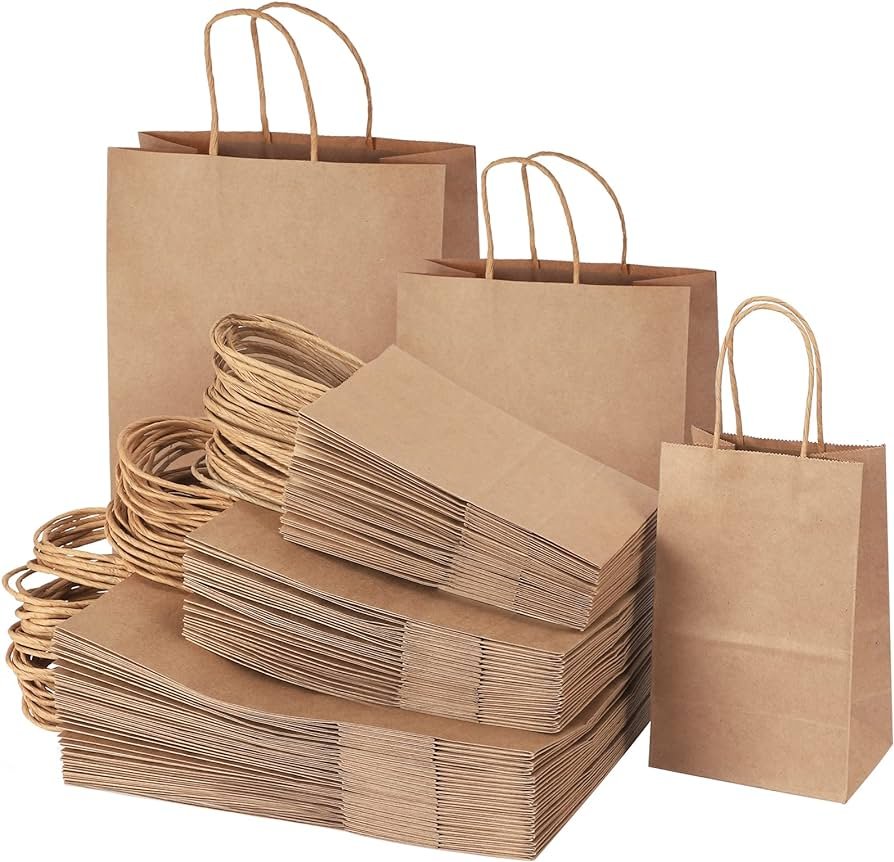TOMNK 120 bolsas de papel marrón con asas, bolsas de regalo de papel kraft a granel de tamaño mixto para negocios, compras, venta al por menor, bolsas...