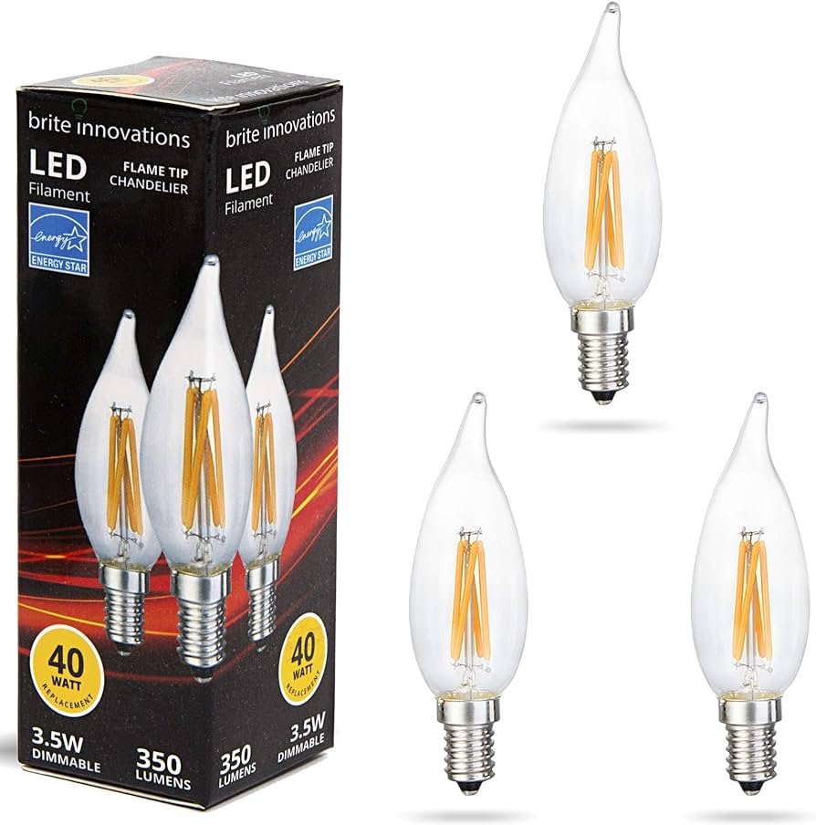 Brite Innovations Bombilla LED de bajo consumo (3 unidades) de 4 vatios para candelabro, regulable, blanco suave, 2700 K, punta de llama, equivalente...