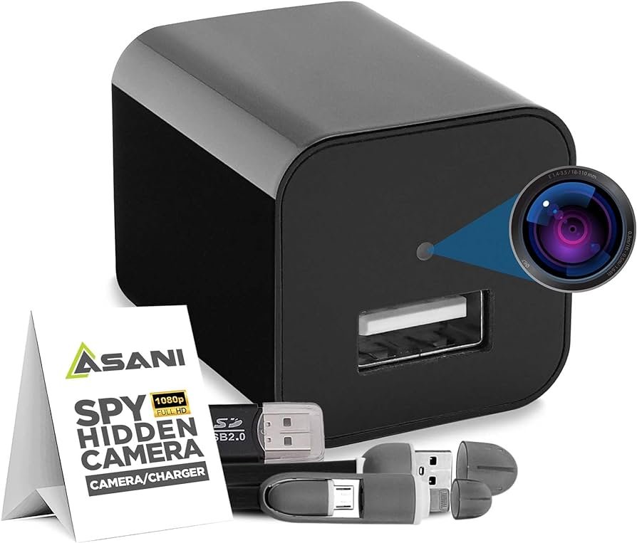 Cámara espía oculta cargador USB, cámara de seguridad para oficina y hogar con ranura para tarjeta SD, protección contra sobretensiones, detección de...