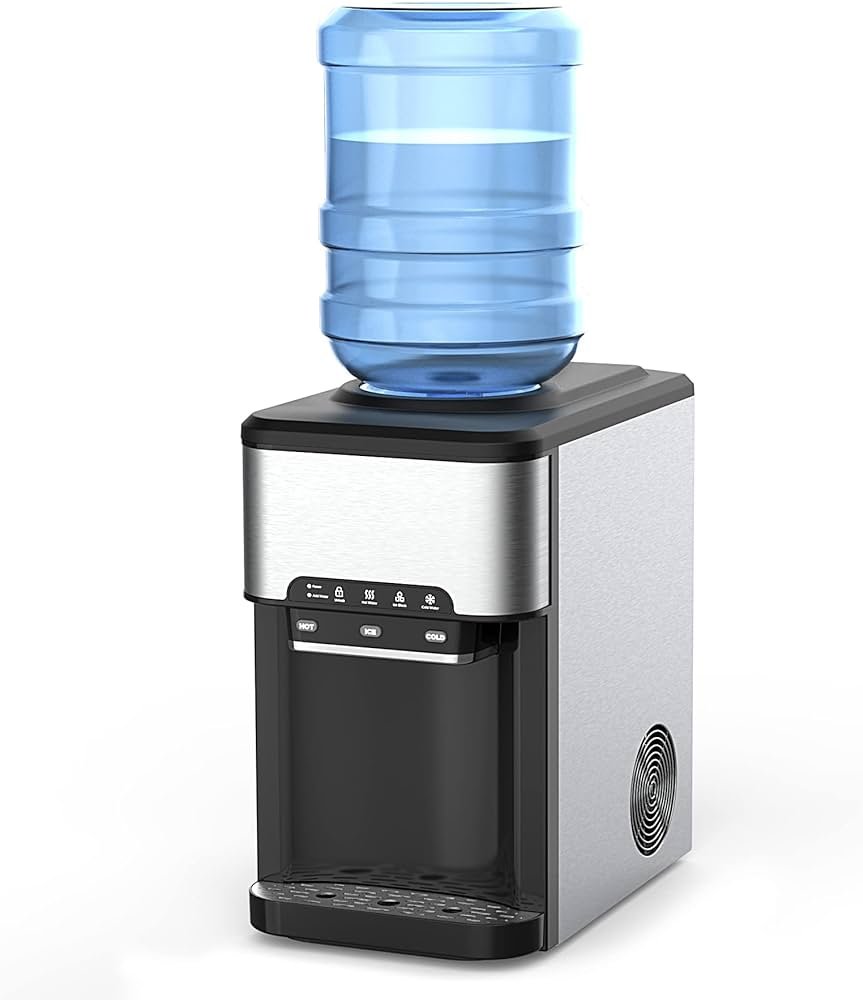 SOUKOO Dispensador de agua 3 en 1 con carga superior fría y caliente con máquina de hielo integrada, 40 libras diarias, máquinas de hielo de acero...