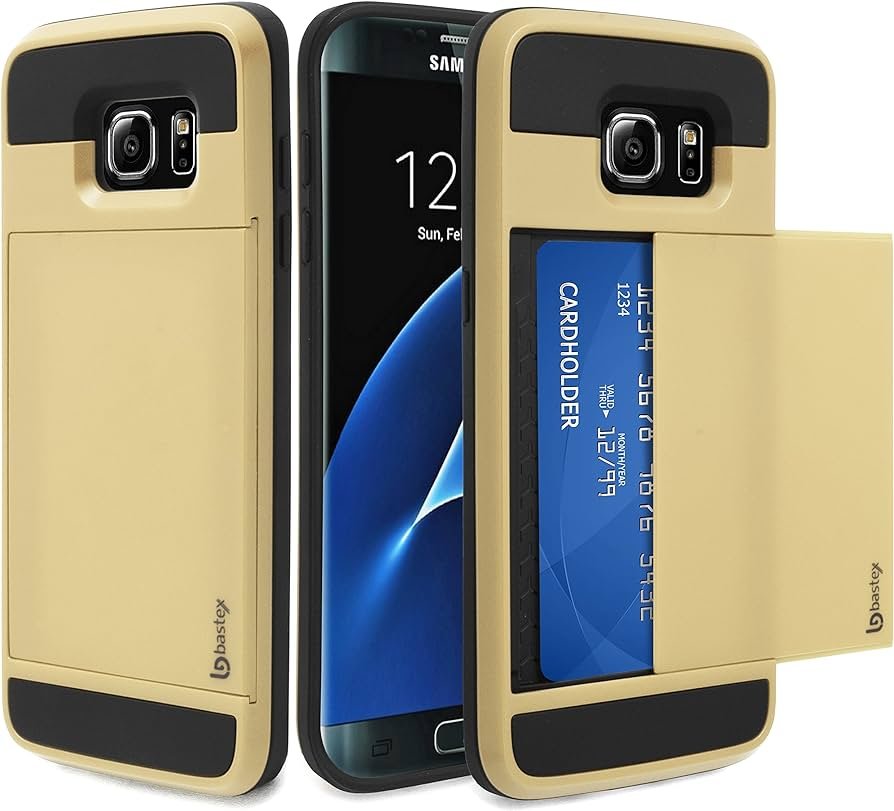 Bastex Funda para Samsung Galaxy S7 Edge, funda híbrida de silicona de goma negra de plástico duro dorado para tarjeta de crédito oculta para tarjeta...