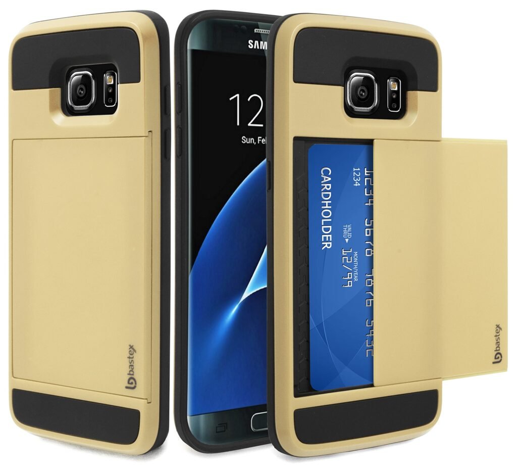 Bastex Funda para Samsung Galaxy S7 Edge, funda híbrida de silicona de goma negra de plástico duro dorado para tarjeta de crédito oculta para tarjeta...