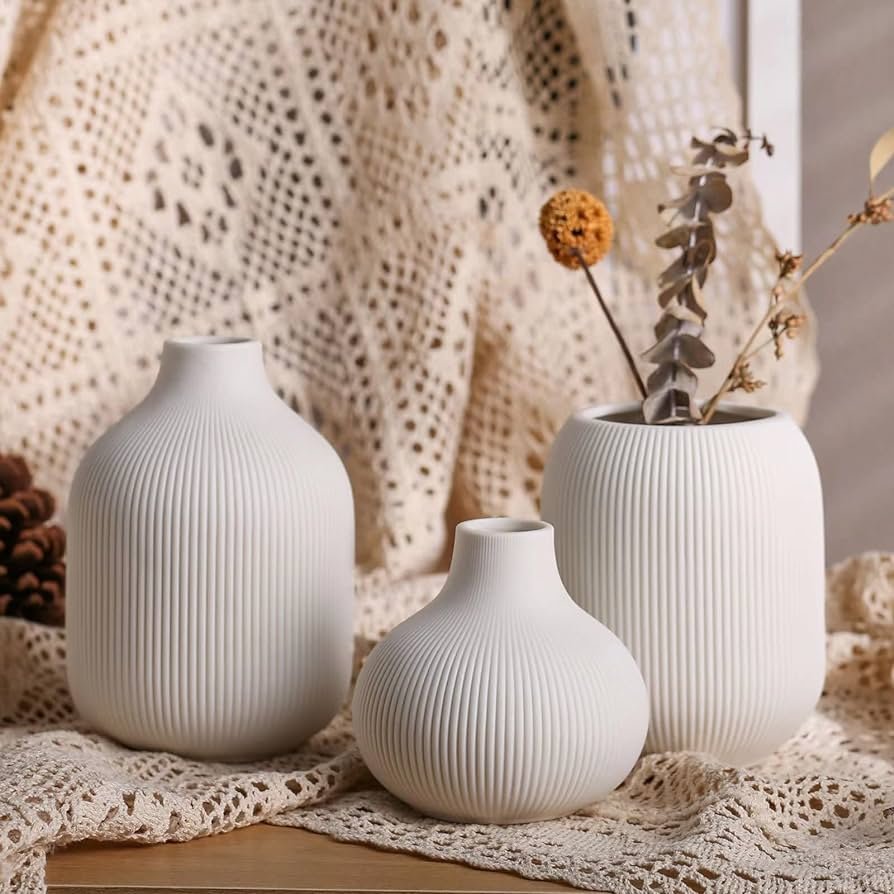 Amazon.com: Jarrón de cerámica blanca para decoración, juego de 3 ...