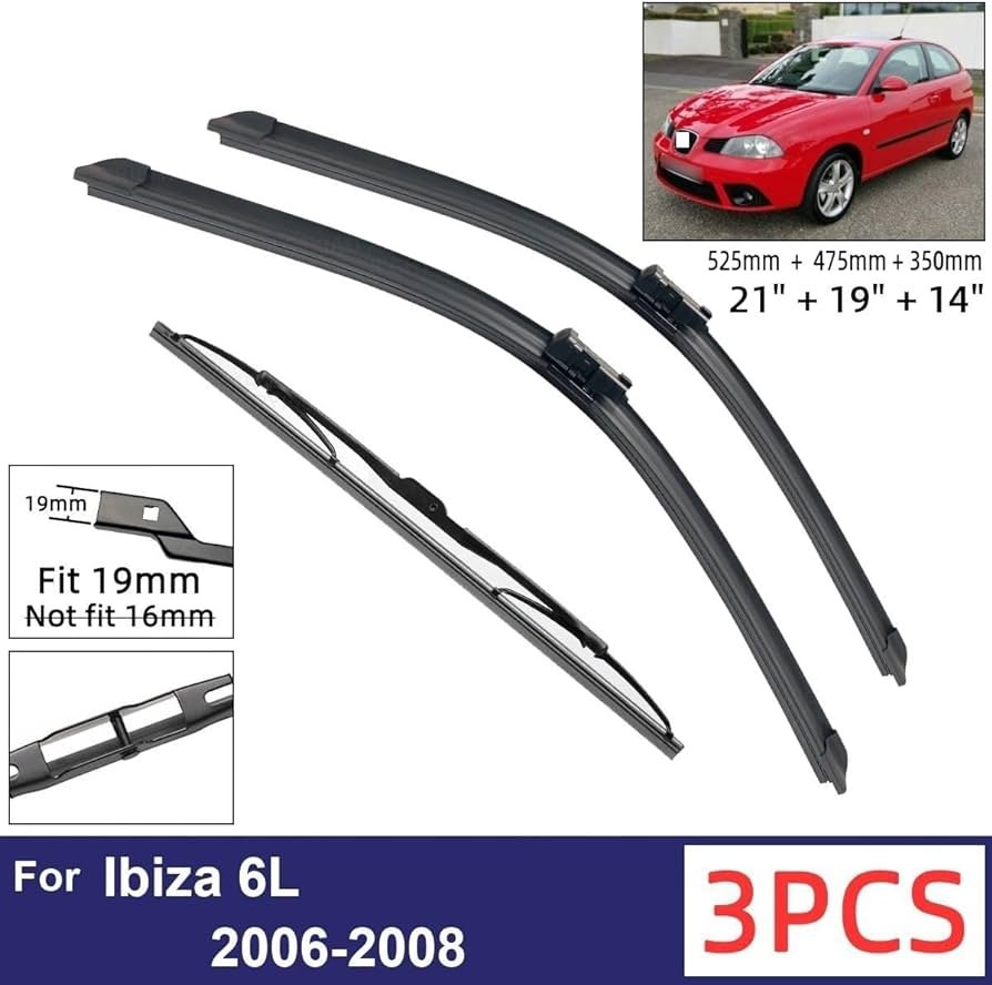 Limpiaparabrisas de coche compatible con SEAT Ibiza 6L 2006-2008, limpiaparabrisas trasero delantero de coche, limpiaparabrisas de goma suave, ...
