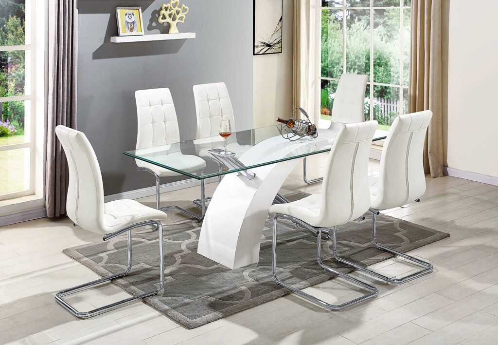 Mesa de comedor moderna para 4-6 personas, mesa de comedor de 63 pulgadas con base dorada y blanca, mesa de comedor de cristal con parte superior de...