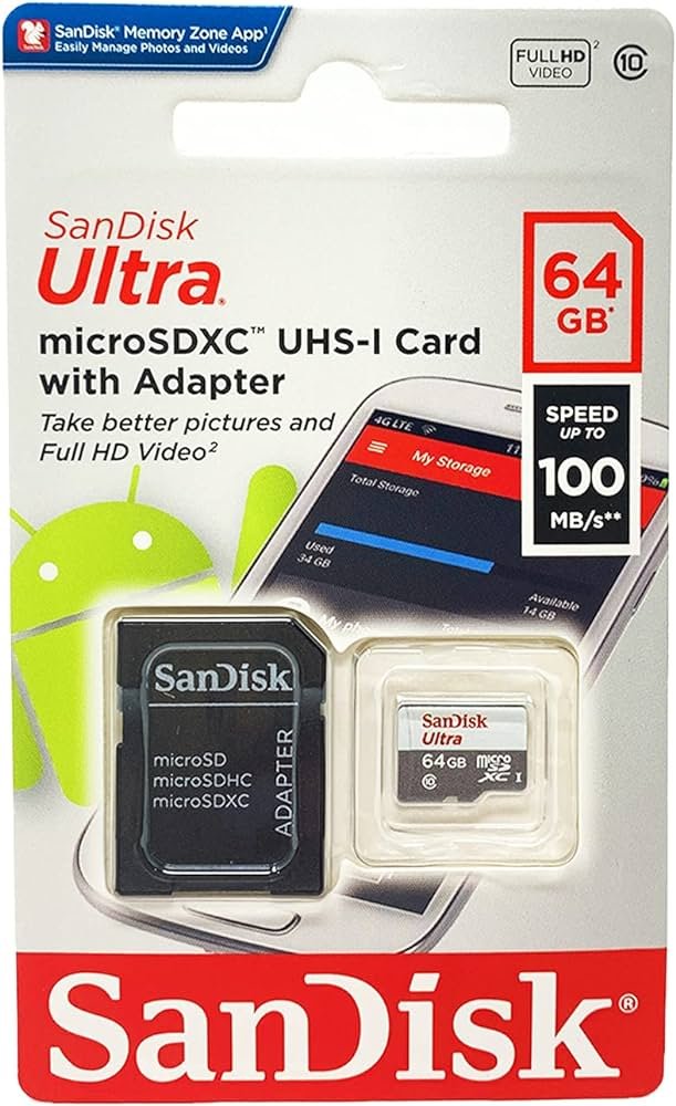 ​Tarjeta MicroSDXC Ultra SanDisk 64GB profesional, formateado personalizado para grabación de alta velocidad sin pérdidas ​Incluye adaptador SD...