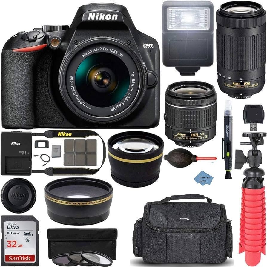 Nikon Cámara D3500 DSLR con AF-P DX 0.709-2.165 in VR y kit de lente de doble zoom de 2.756-11.811 in, estuche de viaje + lente gran angular y...