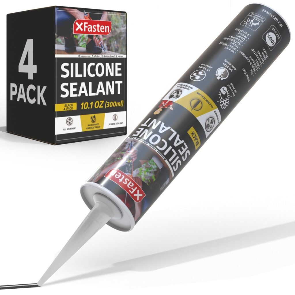 XFasten Cartucho de sellador de silicona negro impermeable, 10.1 onzas (paquete de 4) cartucho de sellador adhesivo de silicona negro para caravana,...