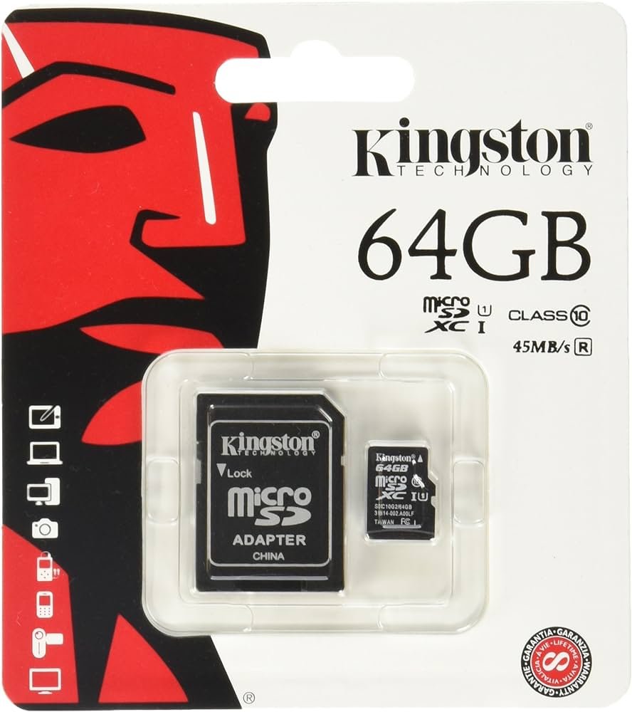 Kingston Digital Tarjeta de memoria microSD clase 10 UHS-1 de 64 GB de 30 MB/s con adaptador (SDCX10/64GB)