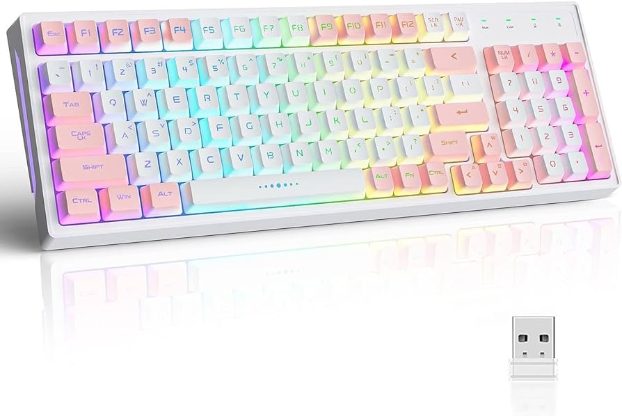 GK98 Teclado inalámbrico para juegos, 2.4G recargable RGB blanco retroiluminado ergonómico 98 teclas, sensación mecánica, teclado de doble color para...