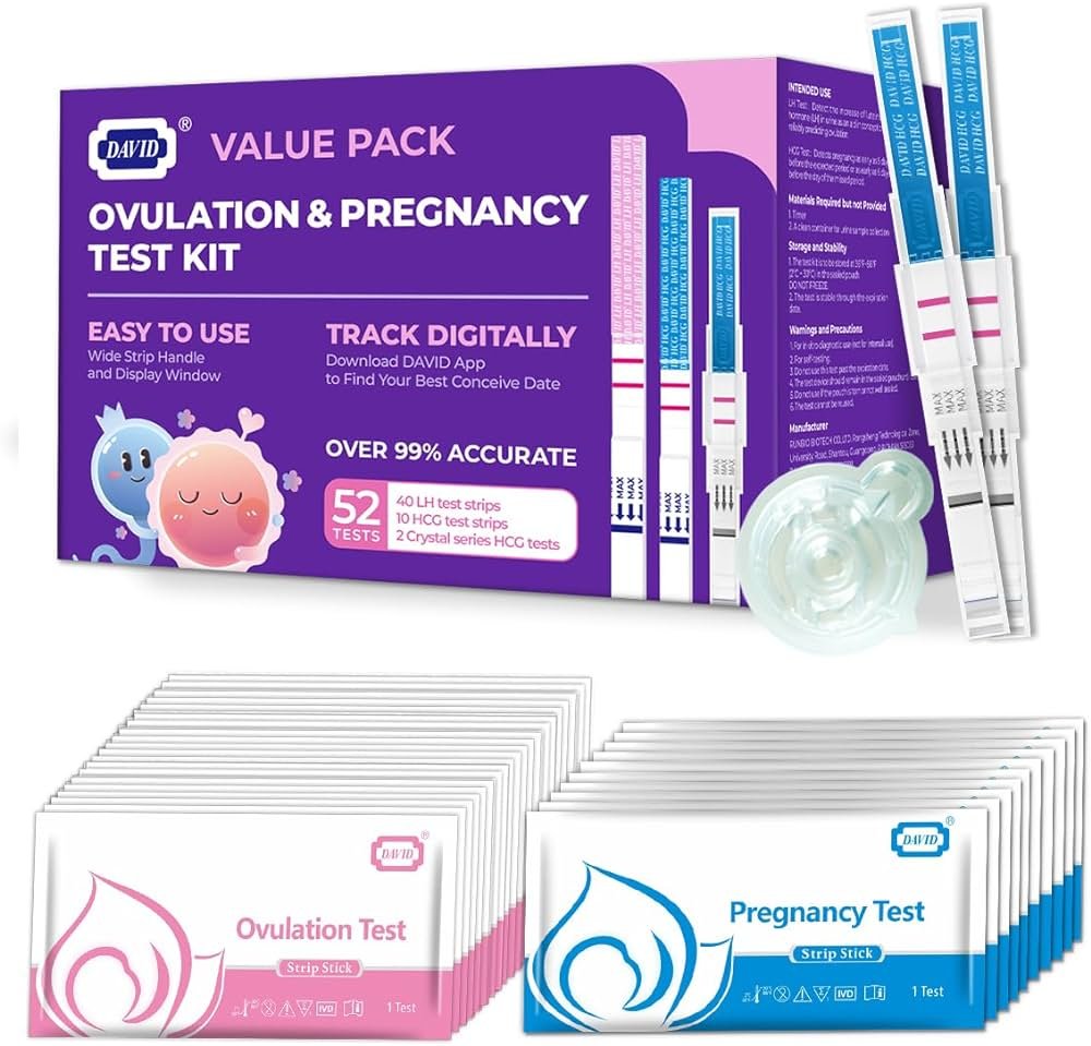 DAVID Tiras de prueba de ovulación y kit de prueba de embarazo, 40 tiras de prueba de LH ovulación y 12 pruebas de embarazo (ancho de 0.197 in) prueba...