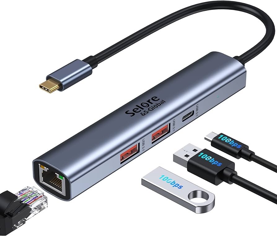 USB C Hub Ethernet, 4 en 1 10 Gbps USB 3.1 Gen USB C Hub Adaptador multipuerto con USB C a LAN Ethernet RJ45 Adaptador de Red de 1000 Mbps para...